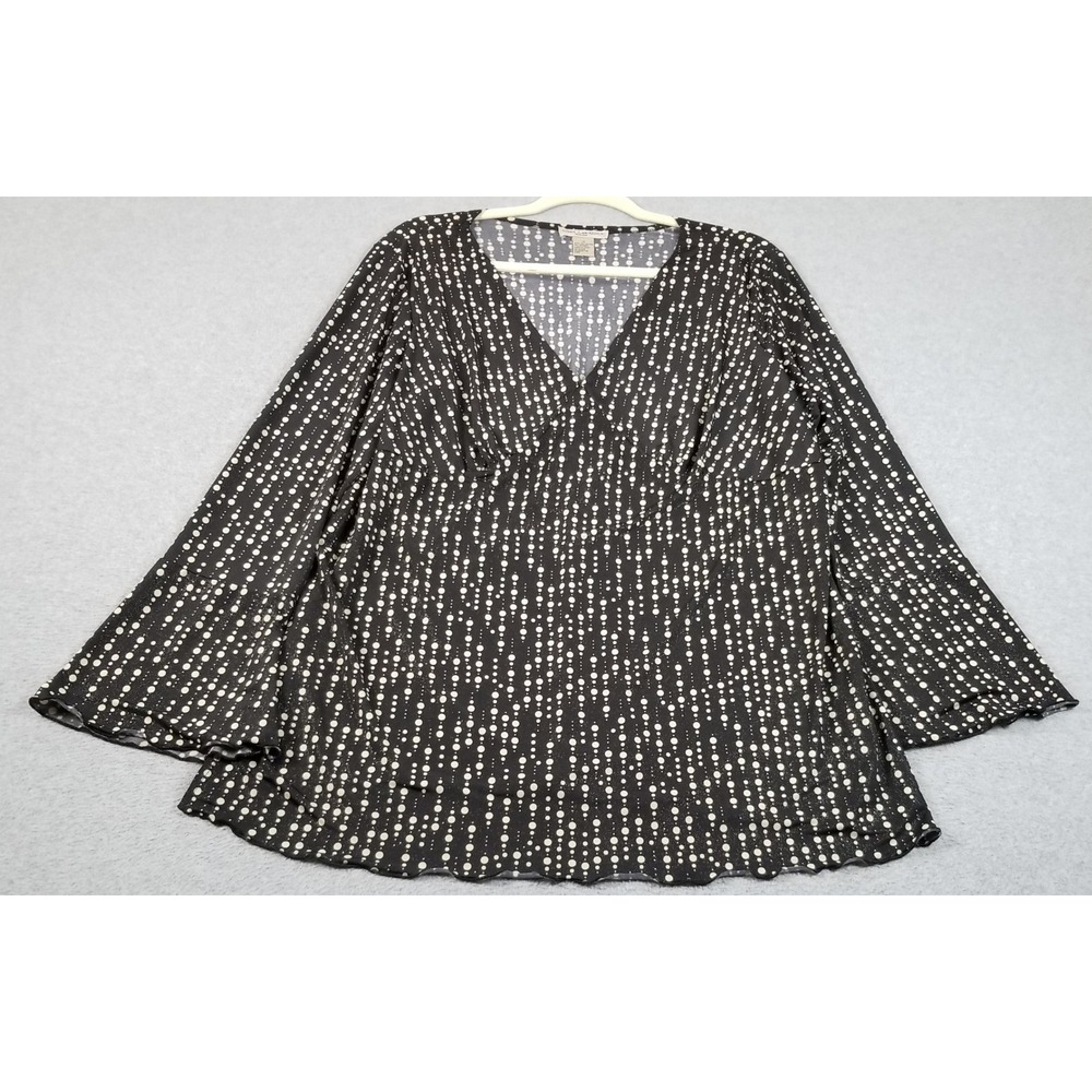 Susan Lawrence Top Womens 1X Plus Black Beige Polka Dot Bell Sleeve Blouse Fun